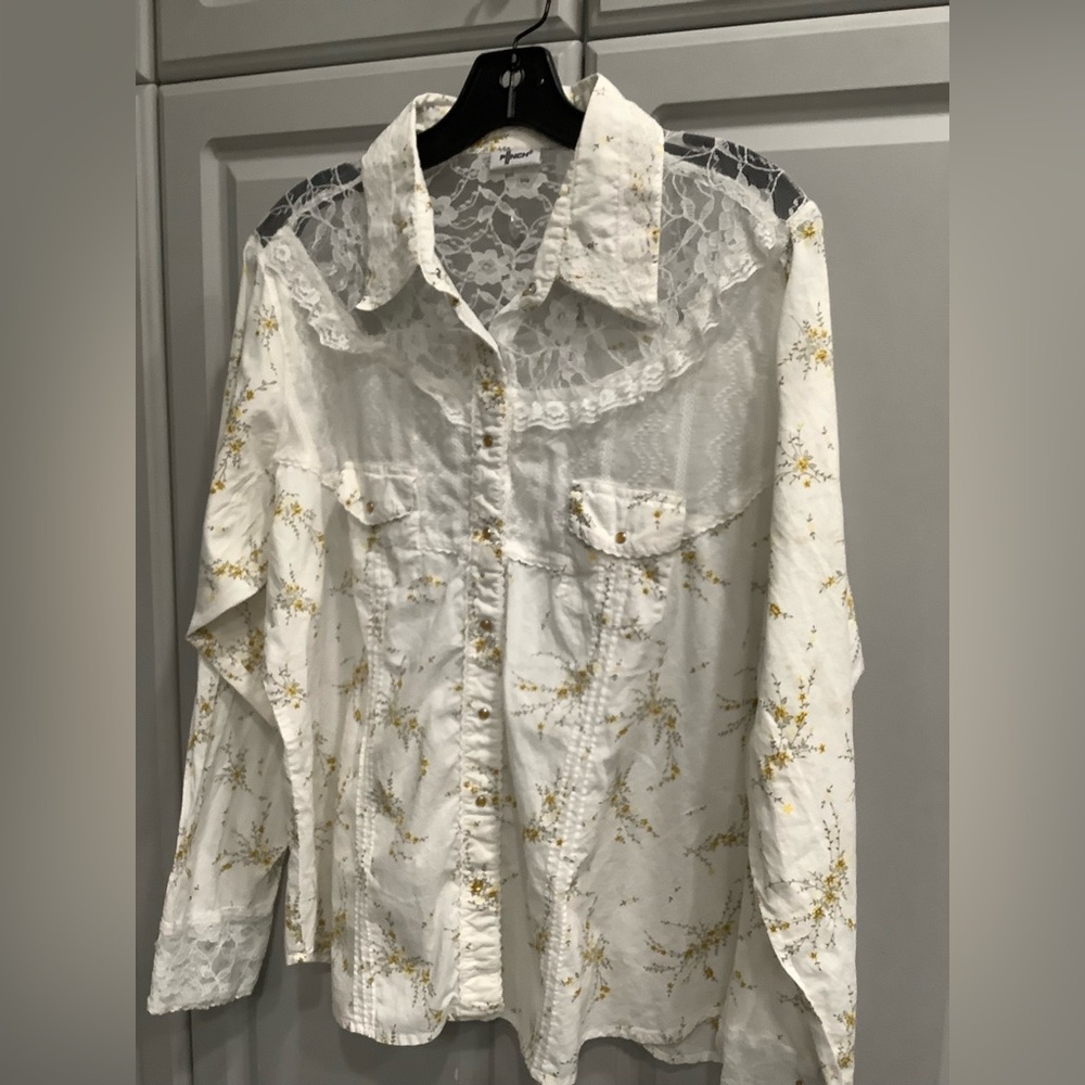 Vtg Punch Western Floral Print Lace Snap Closure Woman’s Sz 2X